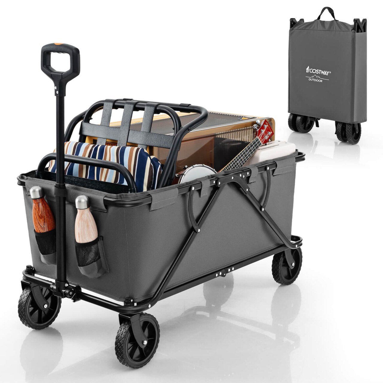 Costway Heavy-Duty Wagon Cart with Adjustable Handlebar Bottle Holders & Storage Pocket Coffee/Grey